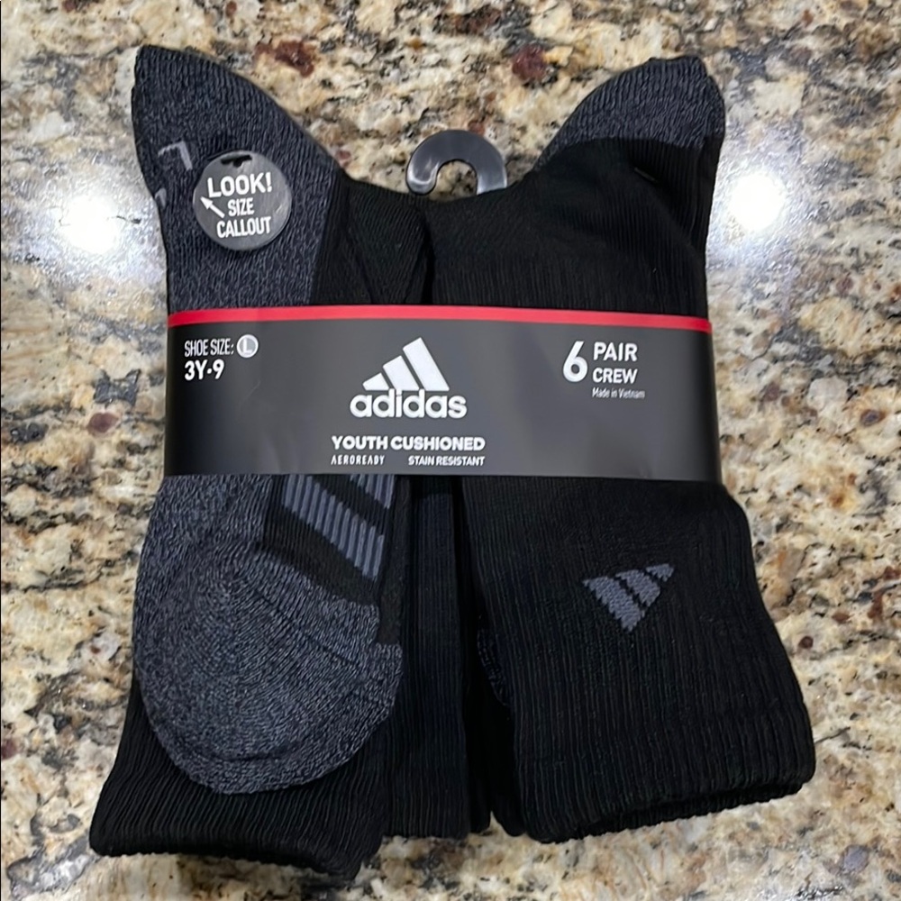 Adidas Youth Cushioned Crew Socks - Black 6 pack